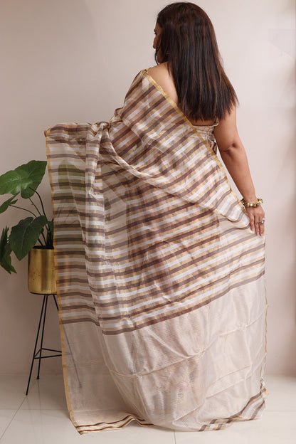 Golden Chanderi Handloom Pure Cotton Silk Stripes Design Saree - Luxurion World