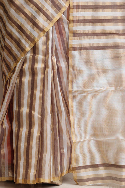 Golden Chanderi Handloom Pure Cotton Silk Stripes Design Saree - Luxurion World