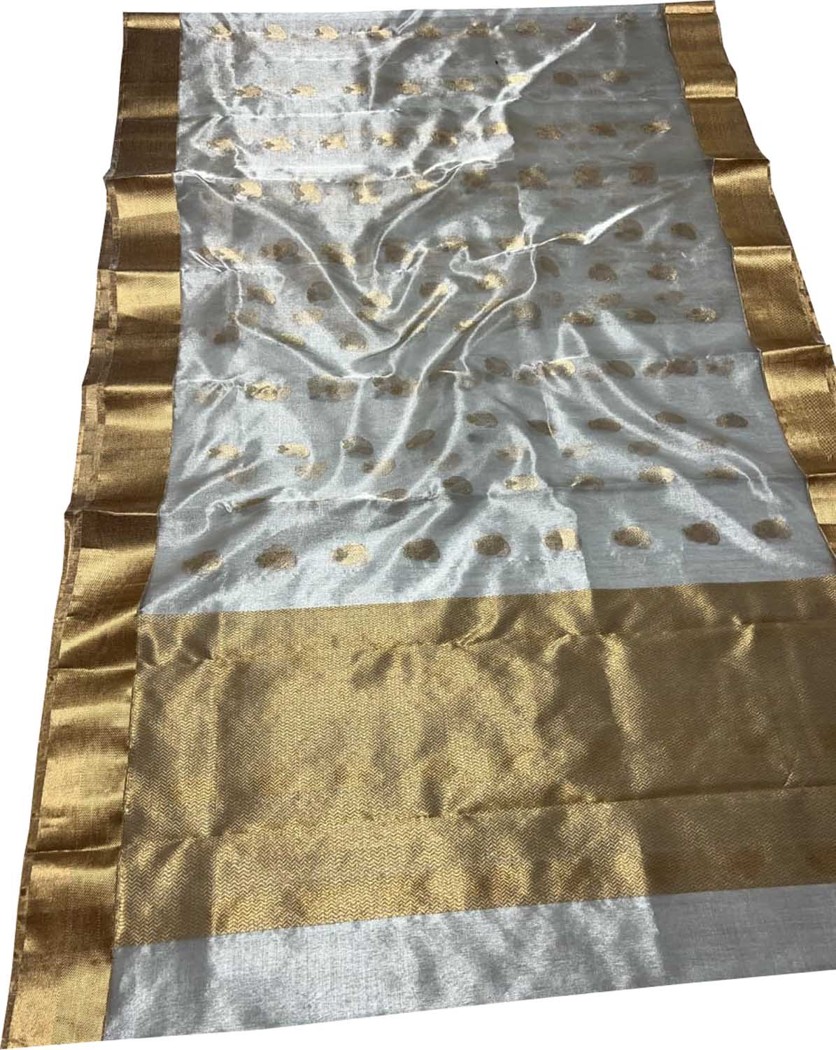 Exquisite Off White And Golden Chanderi Handloom Pure Tissue Silk Saree - Luxurion World