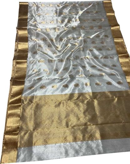 Exquisite Off White And Golden Chanderi Handloom Pure Tissue Silk Saree - Luxurion World