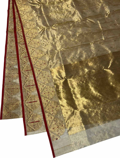 Golden Chanderi Handloom Pure Tissue Silk Booti Design Saree - Luxurion World