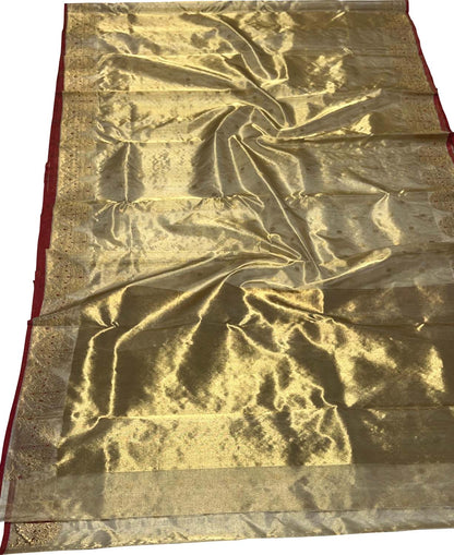Golden Chanderi Handloom Pure Tissue Silk Booti Design Saree - Luxurion World