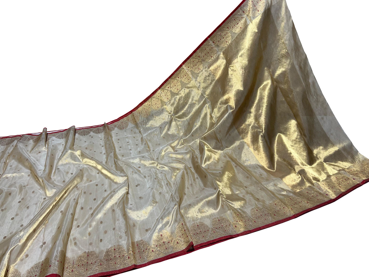 Golden Chanderi Handloom Pure Tissue Silk Booti Design Saree - Luxurion World