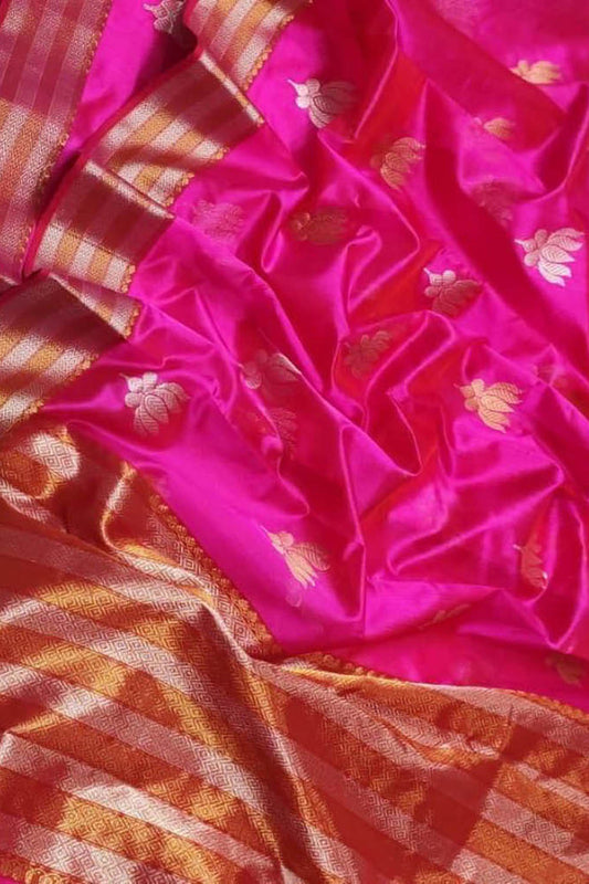 Pink Chanderi Handloom Pure Silk Flower Design Saree - Luxurion World