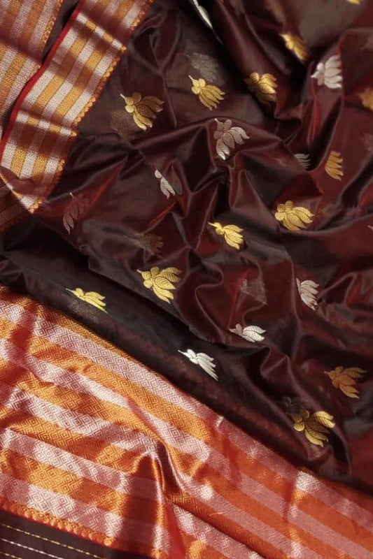 Maroon Chanderi Handloom Pure Silk Flower Design Saree - Luxurion World