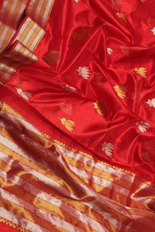 Red Chanderi Handloom Pure Silk Flower Design Saree - Luxurion World