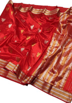 Red Chanderi Handloom Pure Silk Flower Design Saree - Luxurion World