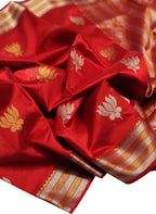 Red Chanderi Handloom Pure Silk Flower Design Saree - Luxurion World