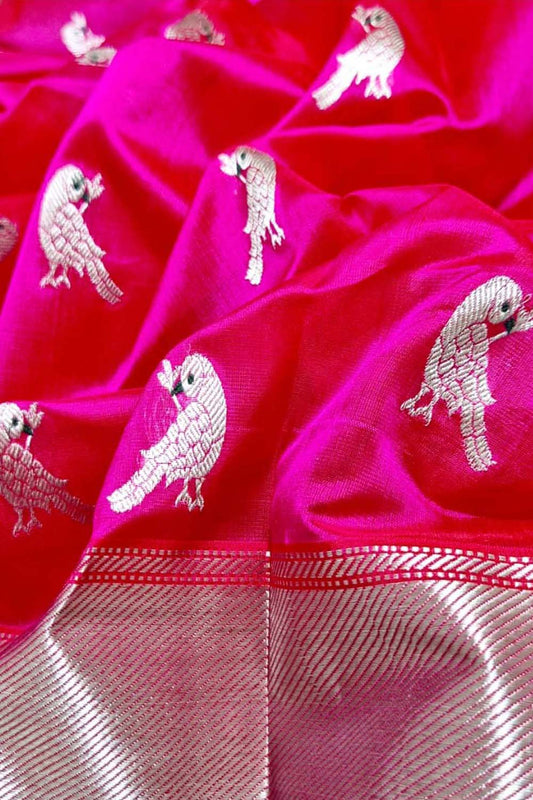 Pink Chanderi Handloom Pure Silk Bird Design Saree - Luxurion World