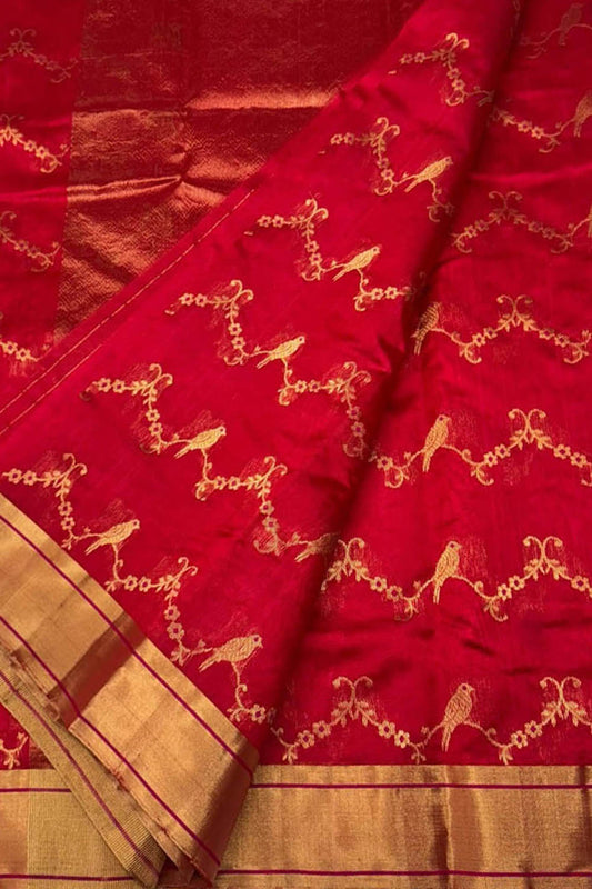 Red Chanderi Handloom Pure Silk Bird Design Saree - Luxurion World