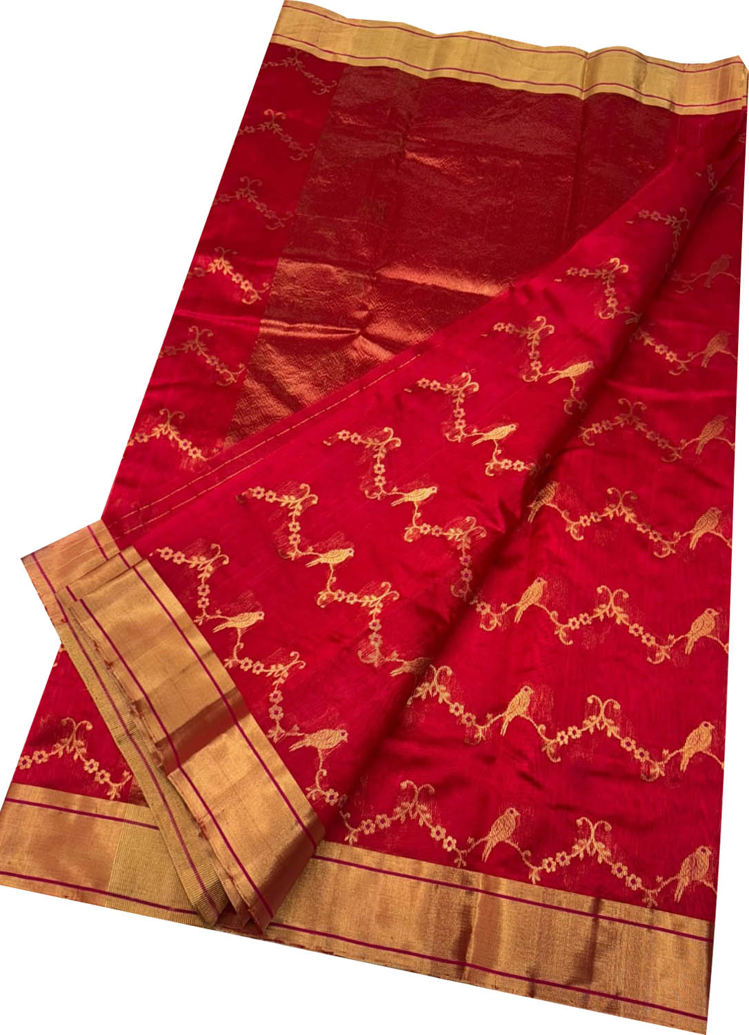 Red Chanderi Handloom Pure Silk Bird Design Saree - Luxurion World