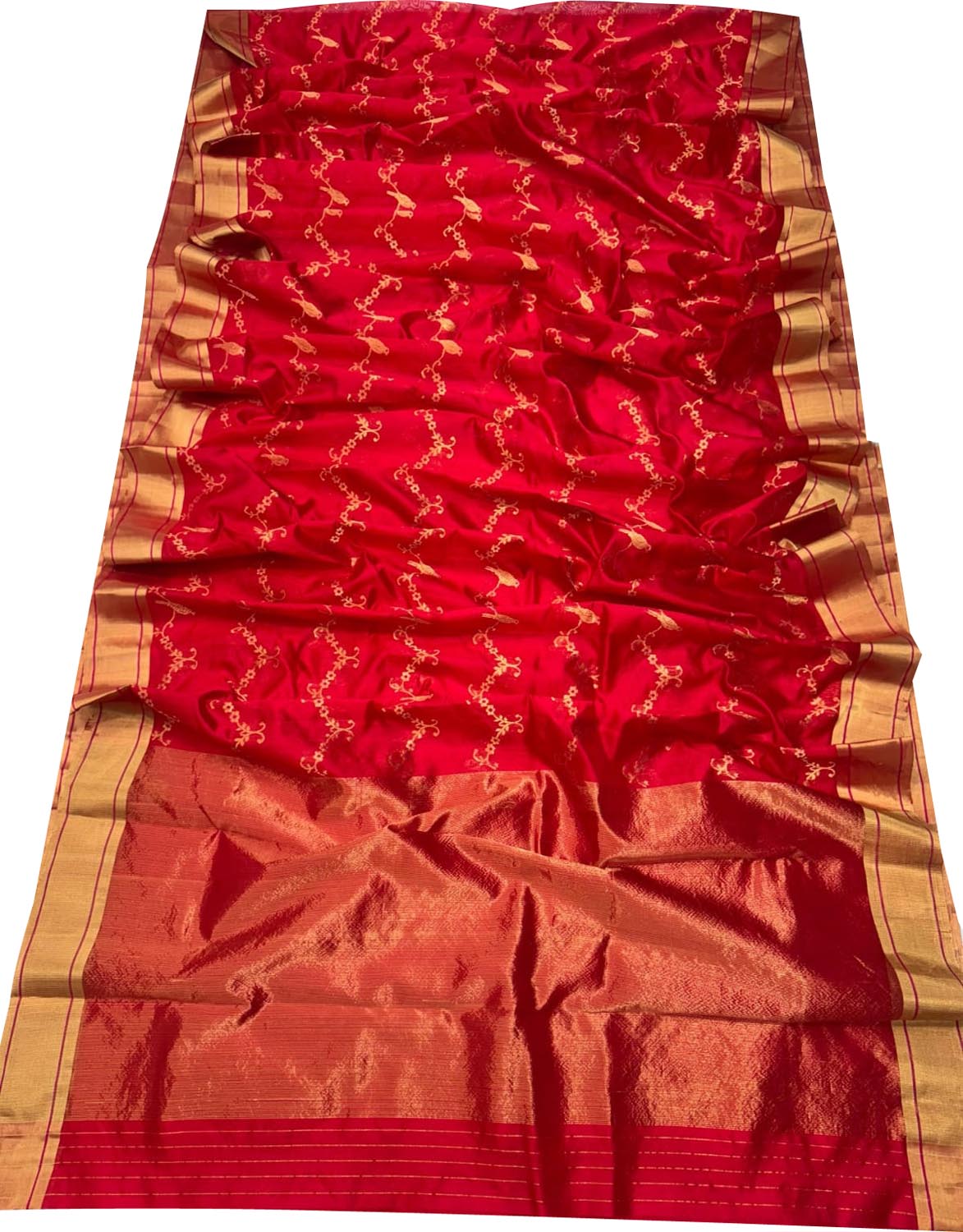 Red Chanderi Handloom Pure Silk Bird Design Saree - Luxurion World