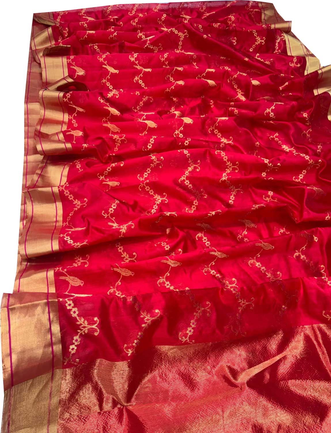 Red Chanderi Handloom Pure Silk Bird Design Saree - Luxurion World