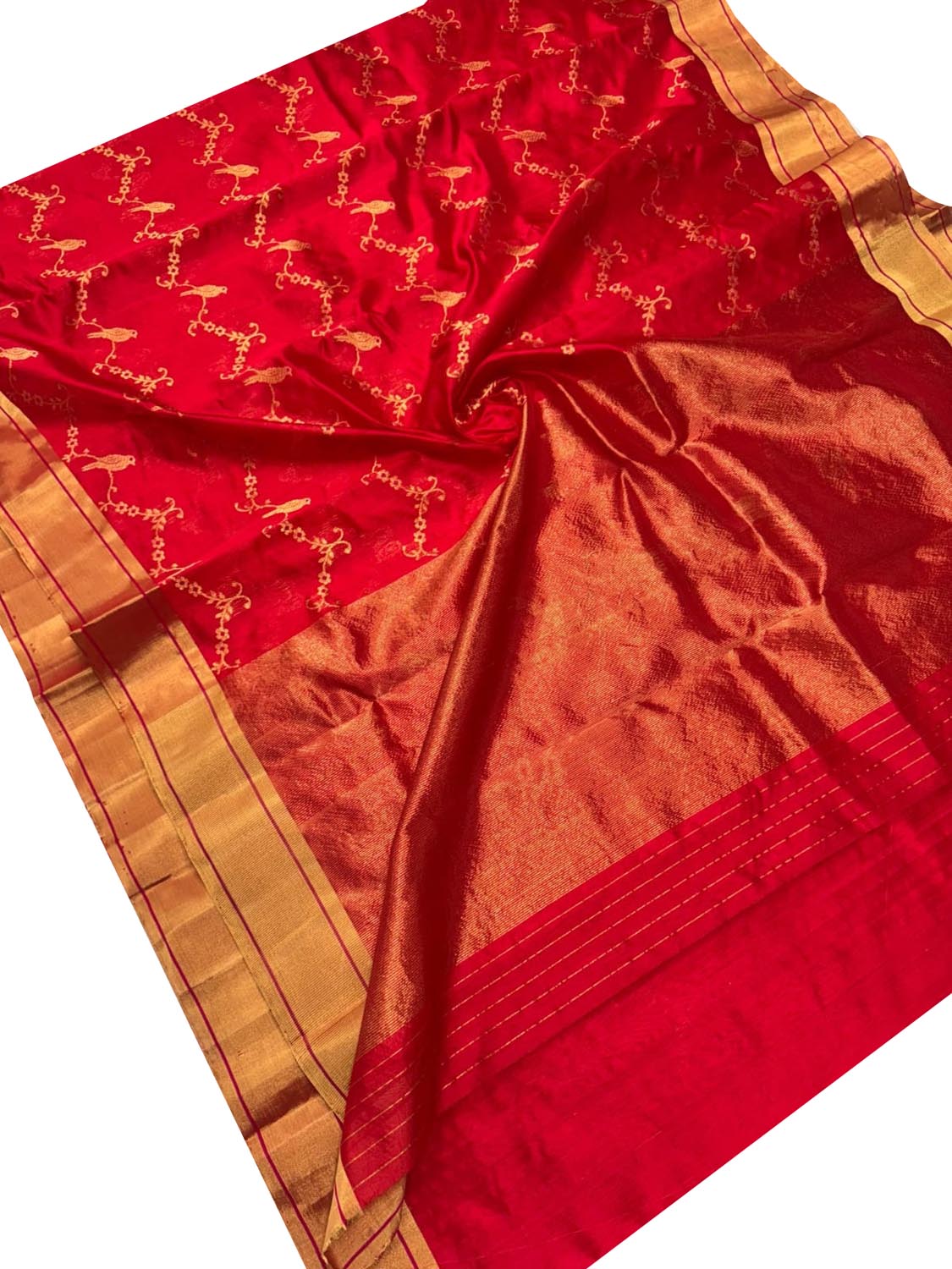 Red Chanderi Handloom Pure Silk Bird Design Saree - Luxurion World