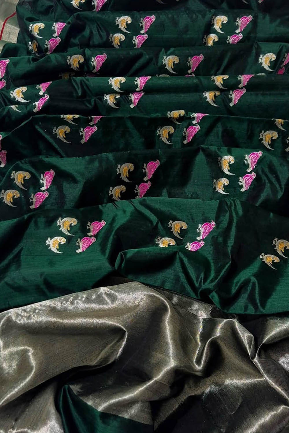 Green Chanderi Handloom Pure Silk Bird Design Saree - Luxurion World