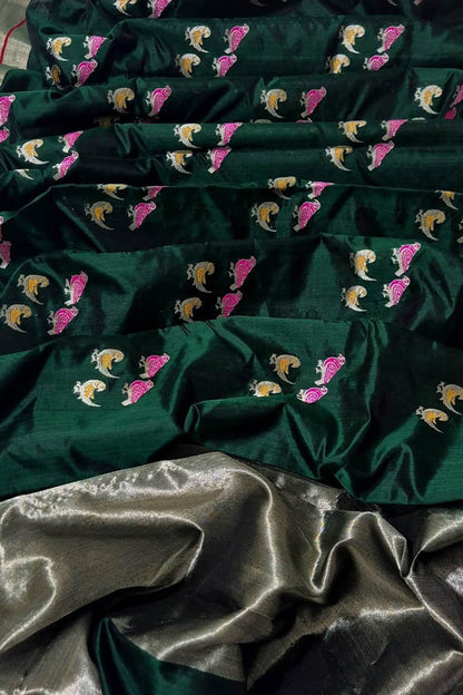 Green Chanderi Handloom Pure Silk Bird Design Saree - Luxurion World