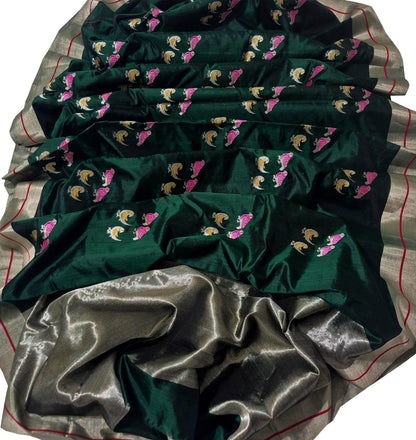 Green Chanderi Handloom Pure Silk Bird Design Saree - Luxurion World