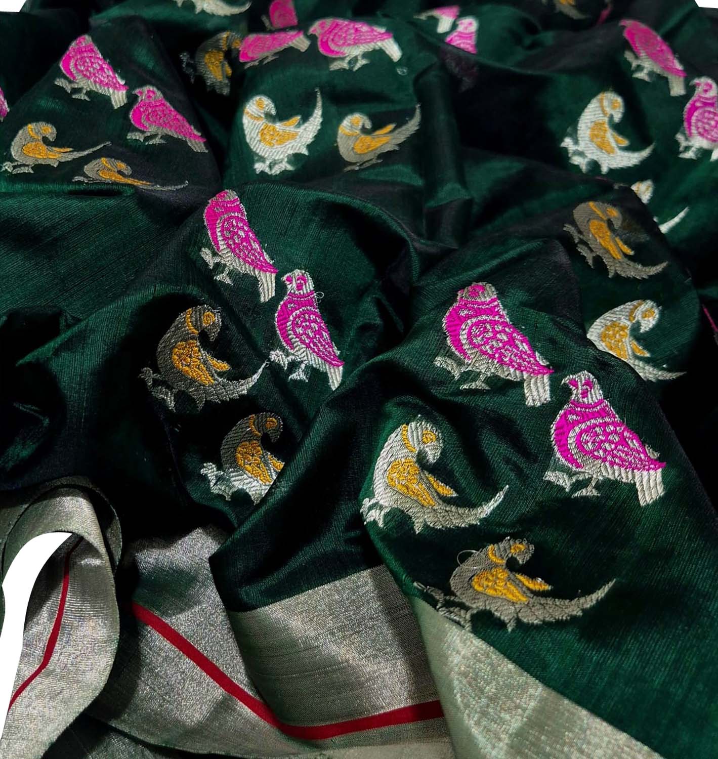 Green Chanderi Handloom Pure Silk Bird Design Saree - Luxurion World