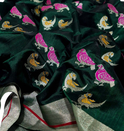 Green Chanderi Handloom Pure Silk Bird Design Saree - Luxurion World