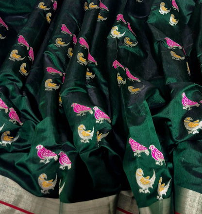 Green Chanderi Handloom Pure Silk Bird Design Saree - Luxurion World