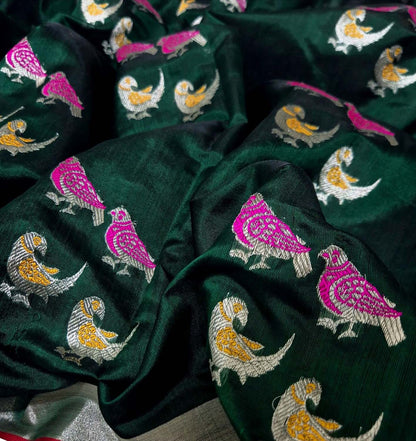 Green Chanderi Handloom Pure Silk Bird Design Saree - Luxurion World