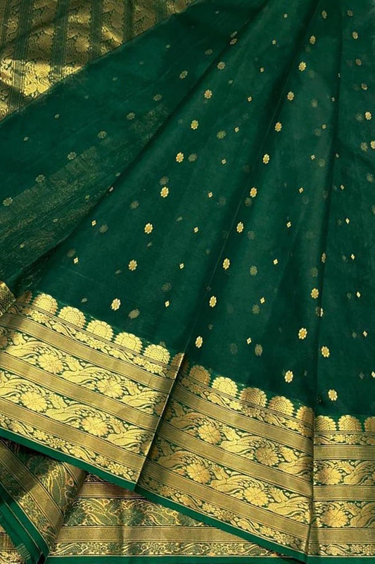 Green Pure Katan Silk Chanderi Handloom Saree - Luxurion World