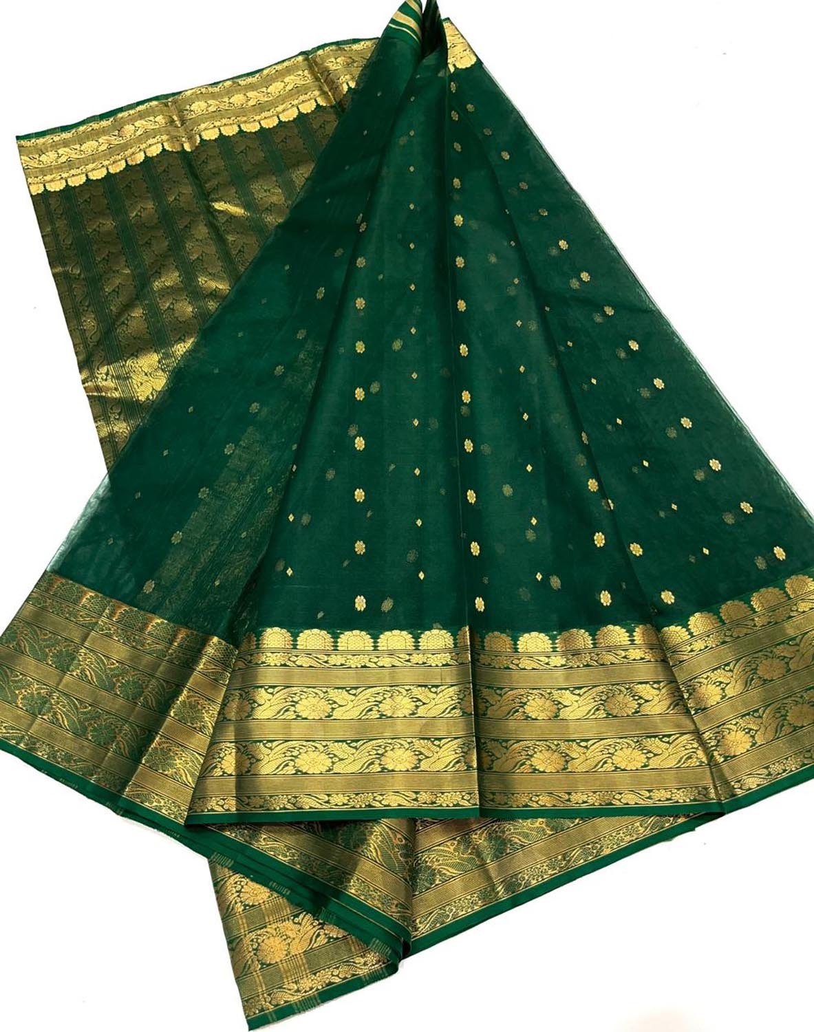 Green Pure Katan Silk Chanderi Handloom Saree - Luxurion World