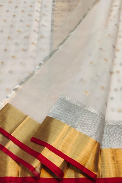 Elegant Off White Pure Katan Silk Chanderi Handloom Booti Design Saree - Luxurion World
