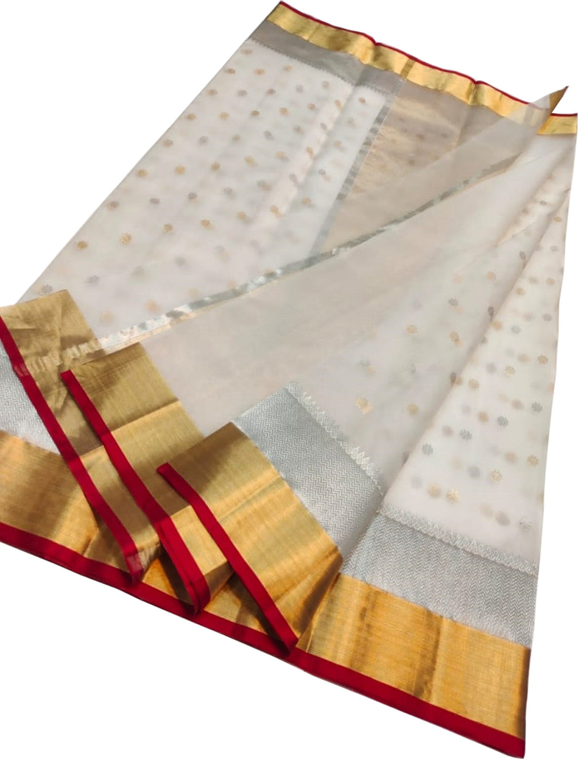 Elegant Off White Pure Katan Silk Chanderi Handloom Booti Design Saree - Luxurion World