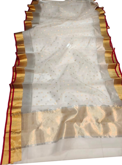 Elegant Off White Pure Katan Silk Chanderi Handloom Booti Design Saree - Luxurion World