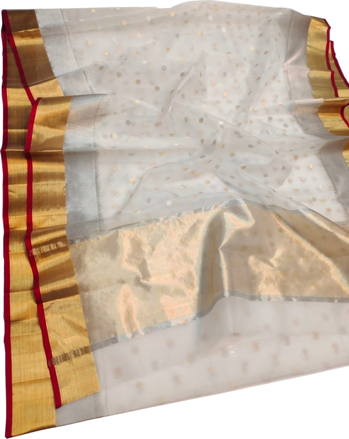 Elegant Off White Pure Katan Silk Chanderi Handloom Booti Design Saree - Luxurion World