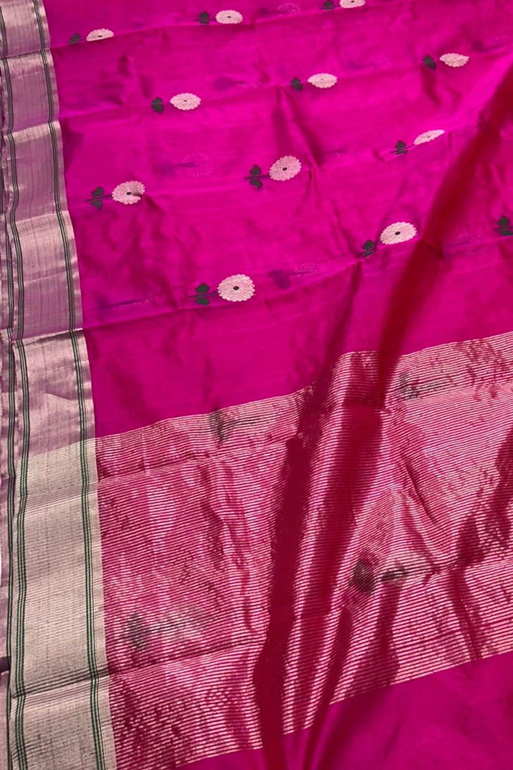 Pink Pure Katan Silk Chanderi Handloom Flower Design Saree - Luxurion World