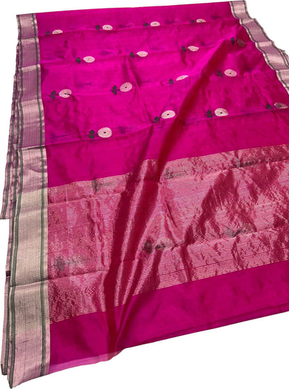 Pink Pure Katan Silk Chanderi Handloom Flower Design Saree - Luxurion World