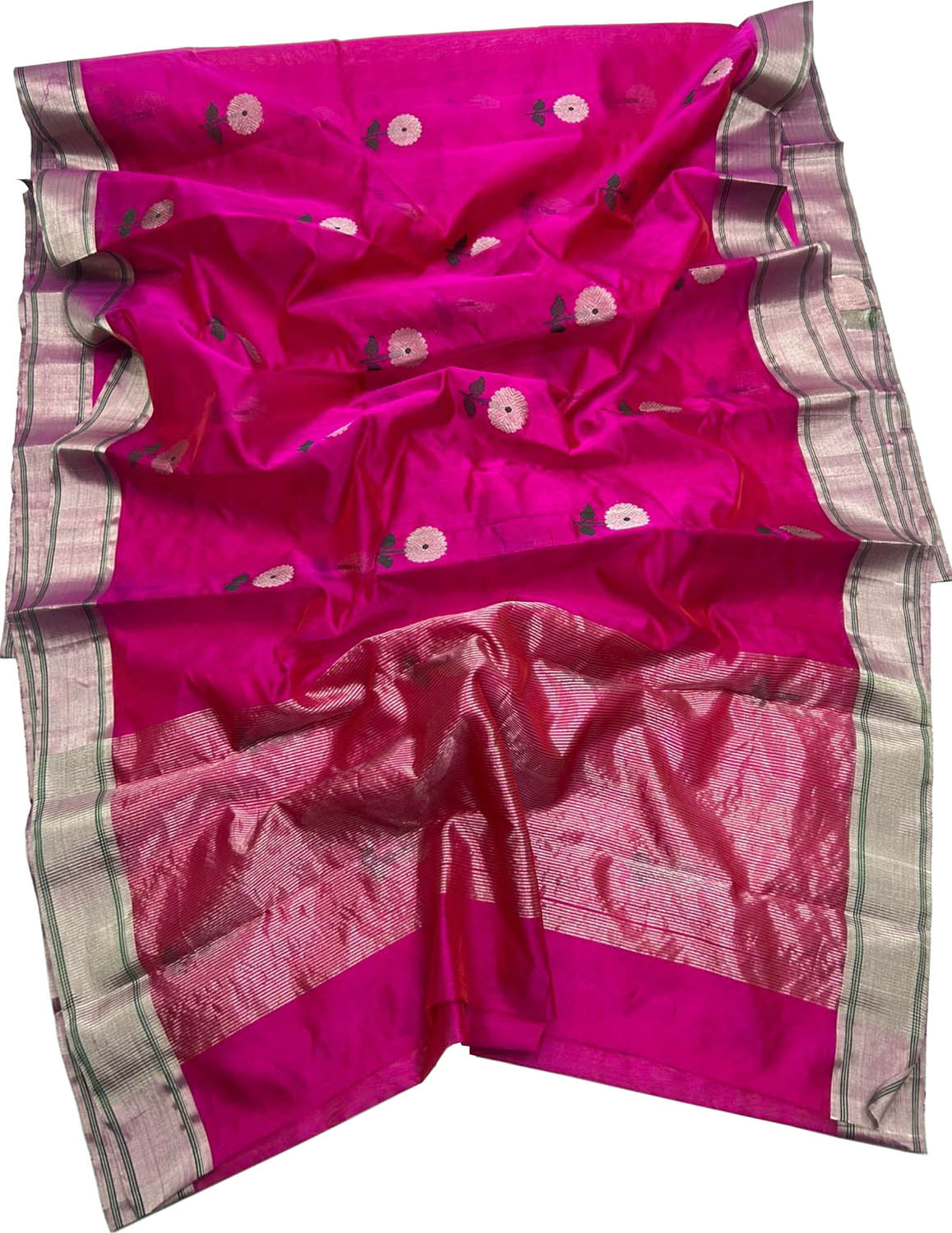 Pink Pure Katan Silk Chanderi Handloom Flower Design Saree - Luxurion World