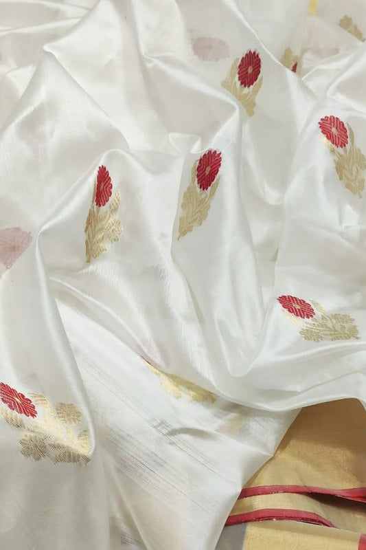Elegant Off White Pure Katan Silk Chanderi Handloom Flower Design Saree - Luxurion World