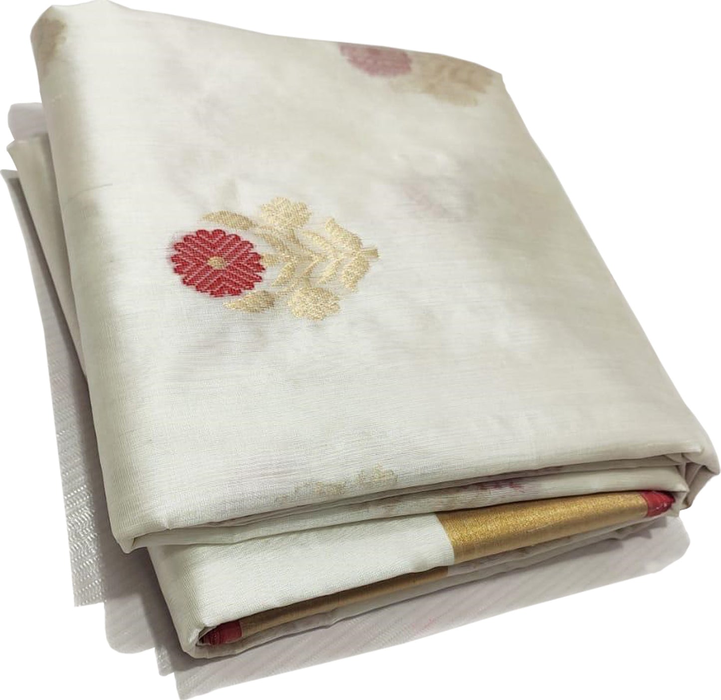 Elegant Off White Pure Katan Silk Chanderi Handloom Flower Design Saree - Luxurion World