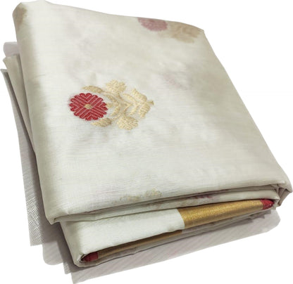 Elegant Off White Pure Katan Silk Chanderi Handloom Flower Design Saree - Luxurion World