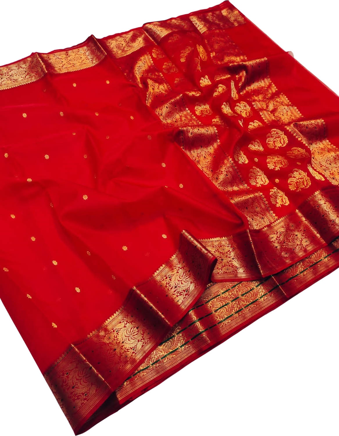 Red Pure Katan Silk Chanderi Handloom Booti Design Saree - Luxurion World