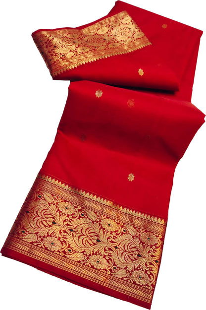 Red Pure Katan Silk Chanderi Handloom Booti Design Saree - Luxurion World