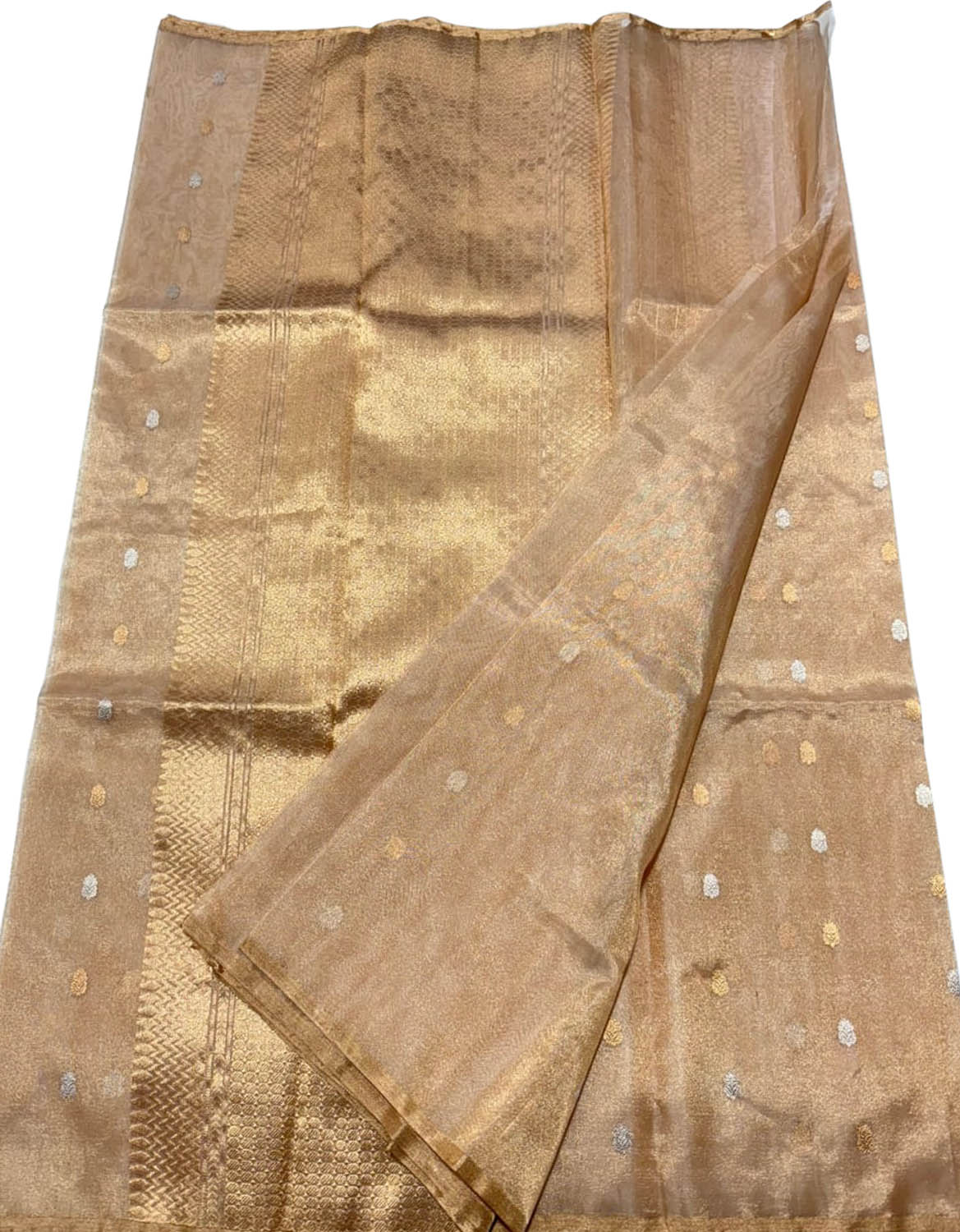 Exquisite Golden Pure Katan Silk Chanderi Handloom Booti Design Saree - Luxurion World