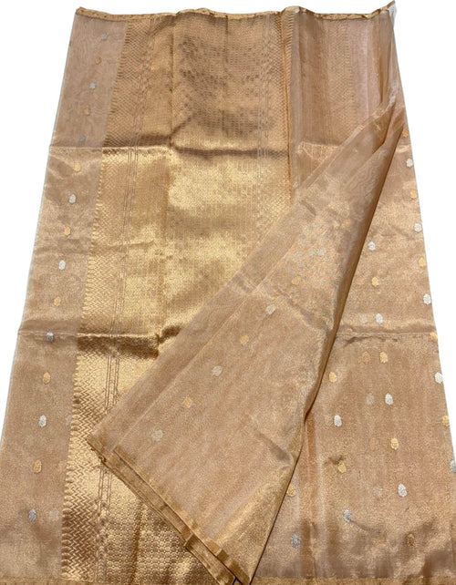 Exquisite Golden Pure Katan Silk Chanderi Handloom Booti Design Saree - Luxurion World