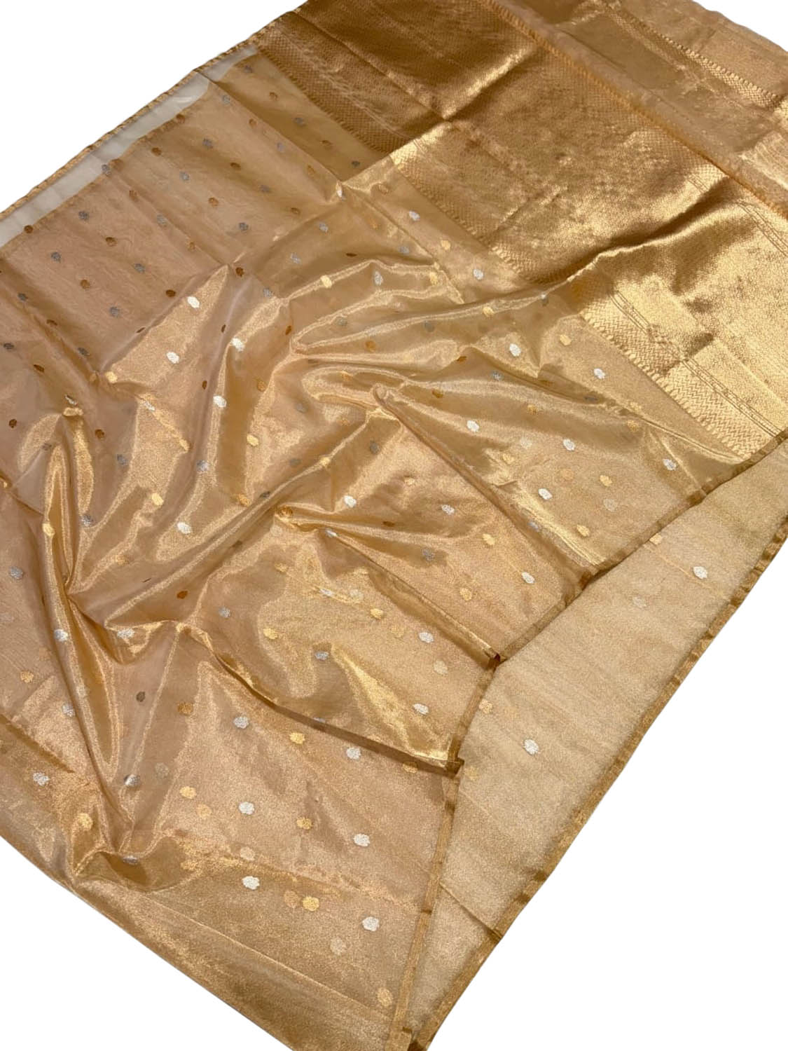 Exquisite Golden Pure Katan Silk Chanderi Handloom Booti Design Saree - Luxurion World