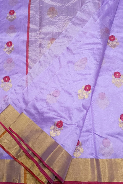 Exquisite Purple Pure Katan Silk Chanderi Handloom Flower Design Saree - Luxurion World