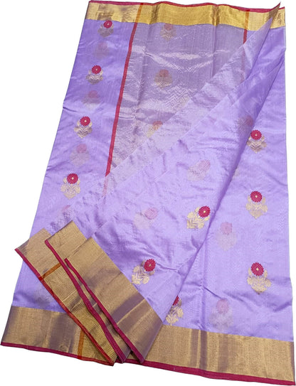 Exquisite Purple Pure Katan Silk Chanderi Handloom Flower Design Saree - Luxurion World
