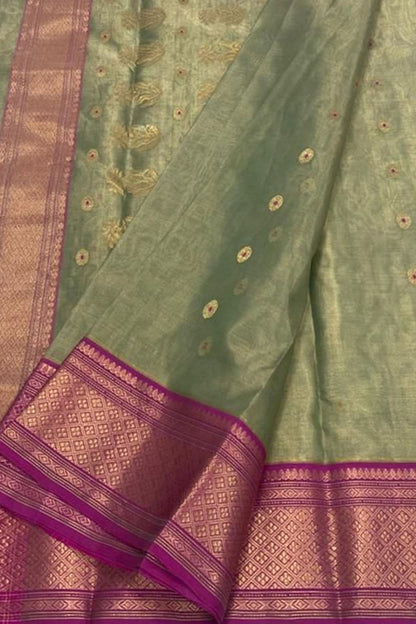 Green Chanderi Handloom Tissue Katan Silk Saree