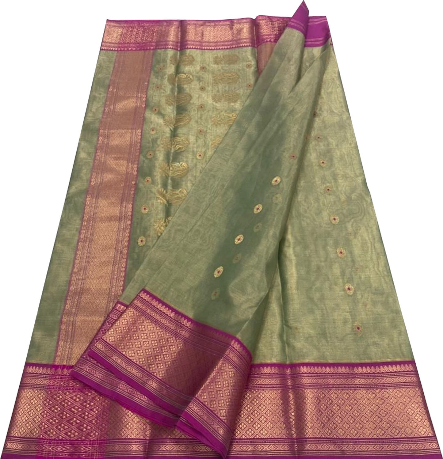 Green Chanderi Handloom Tissue Katan Silk Saree