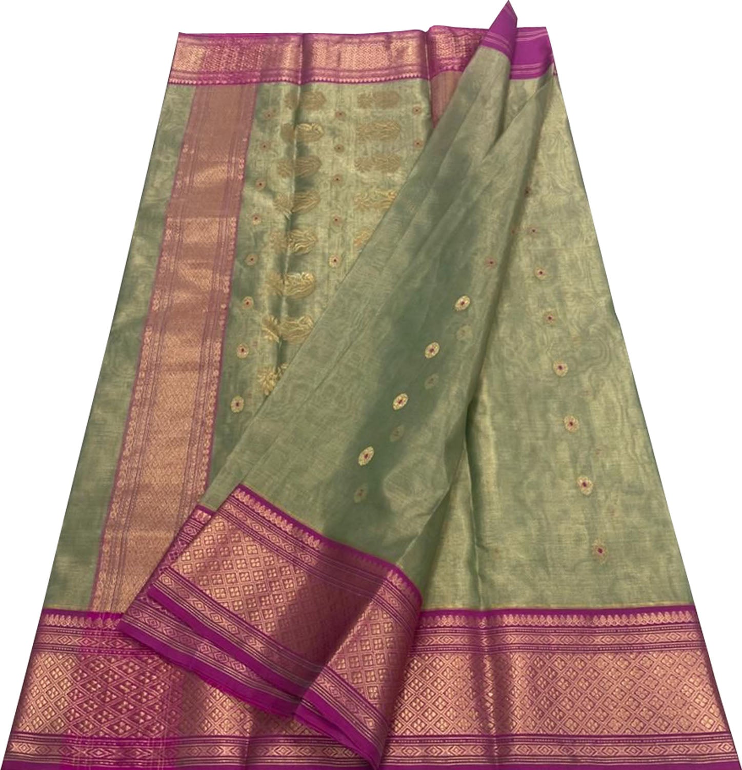 Green Chanderi Handloom Tissue Katan Silk Saree - Luxurion World