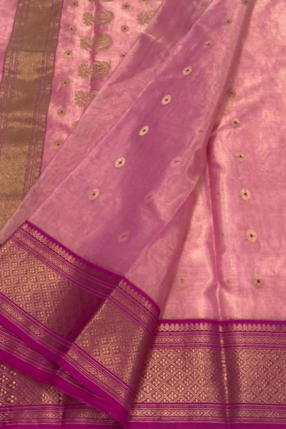 Pink Chanderi Handloom Tissue Katan Silk Saree - Luxurion World