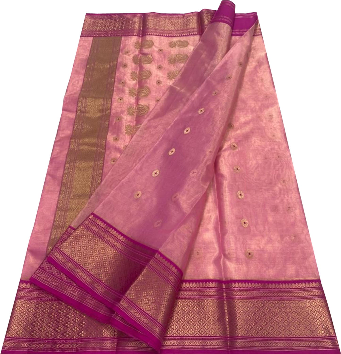 Pink Chanderi Handloom Tissue Katan Silk Saree - Luxurion World
