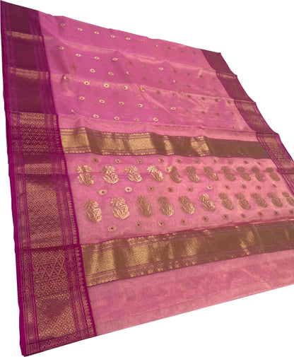 Pink Chanderi Handloom Tissue Katan Silk Saree
